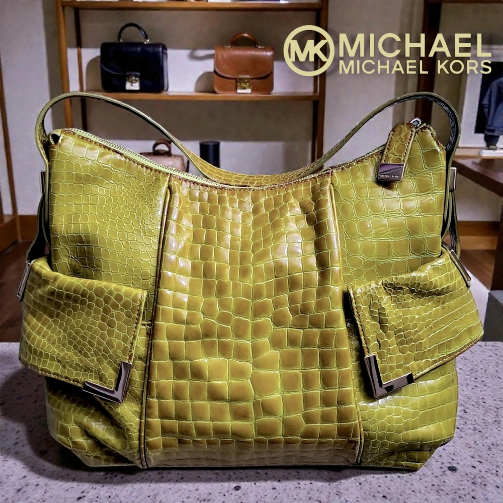 Michael Kors Vintage Olive Green Croc-Embossed Leather Hobo Bag